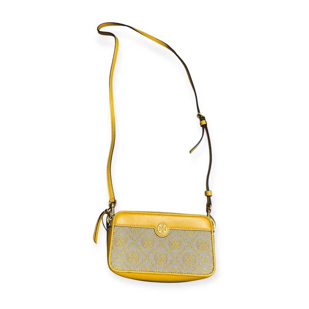 Tory Burch T Monogram Mini‎ Jacquard Crossbody Goldfinch Yellow Camera Bag New